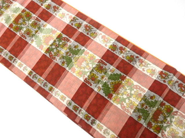 縞に草花模様織り出し　全通袋帯